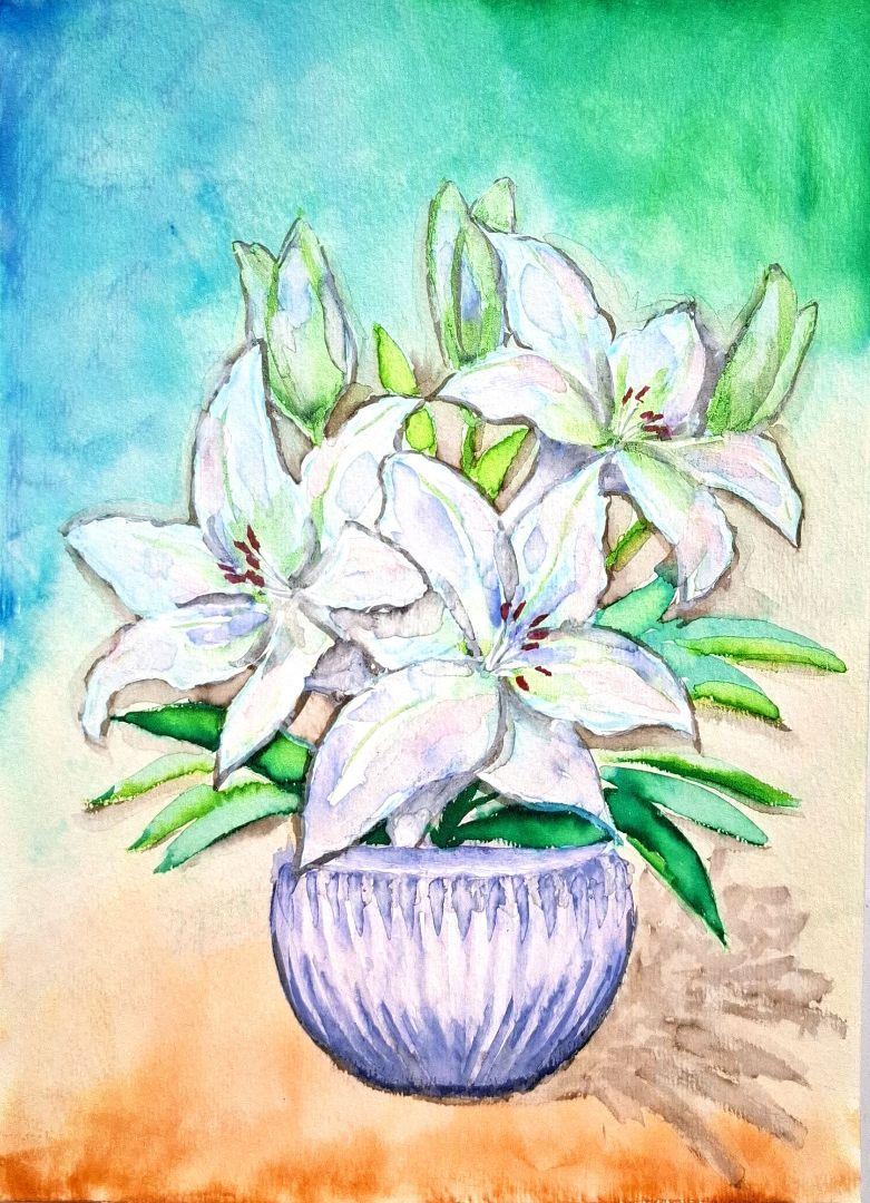 水彩画 原画 白い花と瓶 水彩画 原画 白い花と瓶