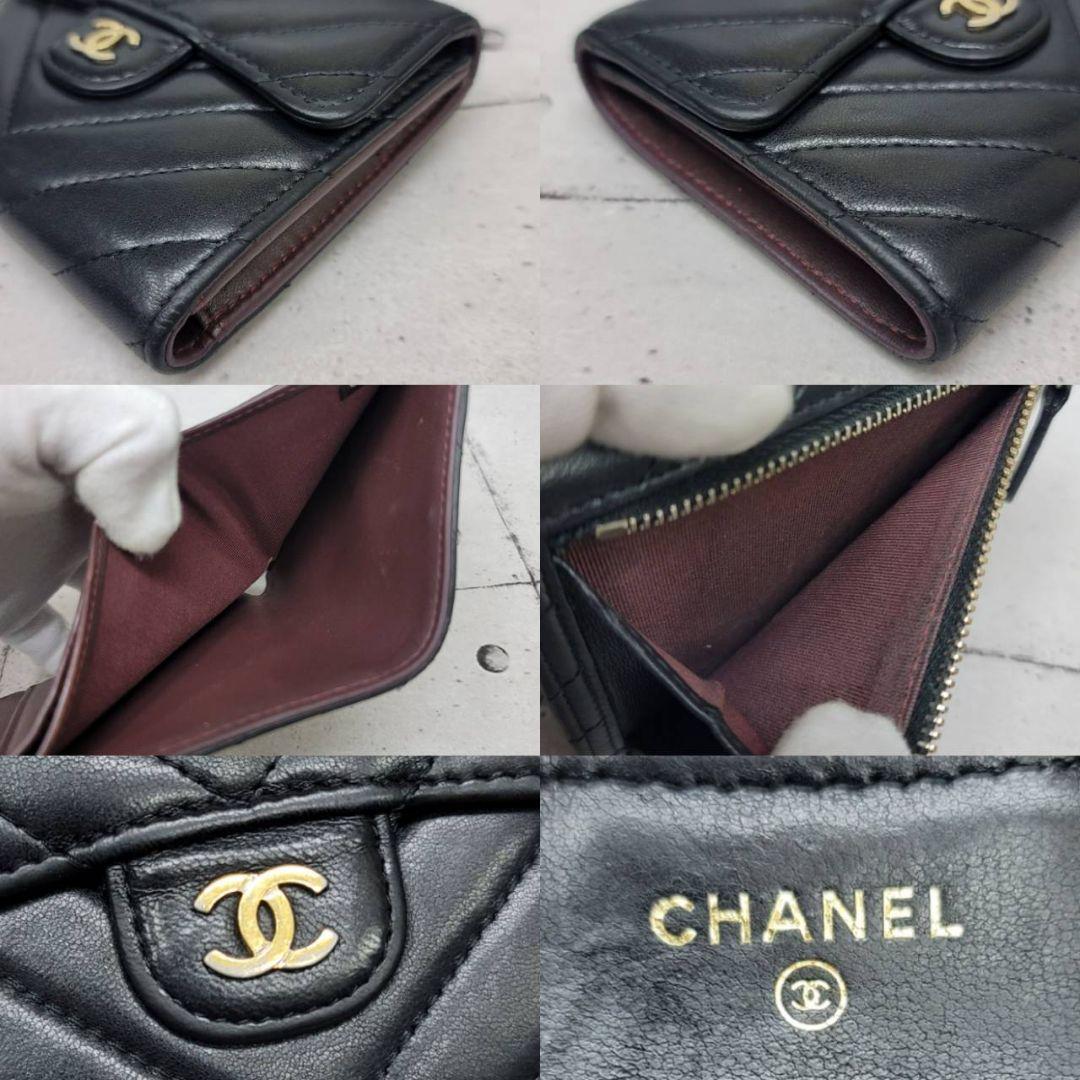 超美品244CHANEL Vステッチラムスキン三つ折り財布 CHANEL シャネル 財布 Vステッチ レディース ブランド 三つ折り