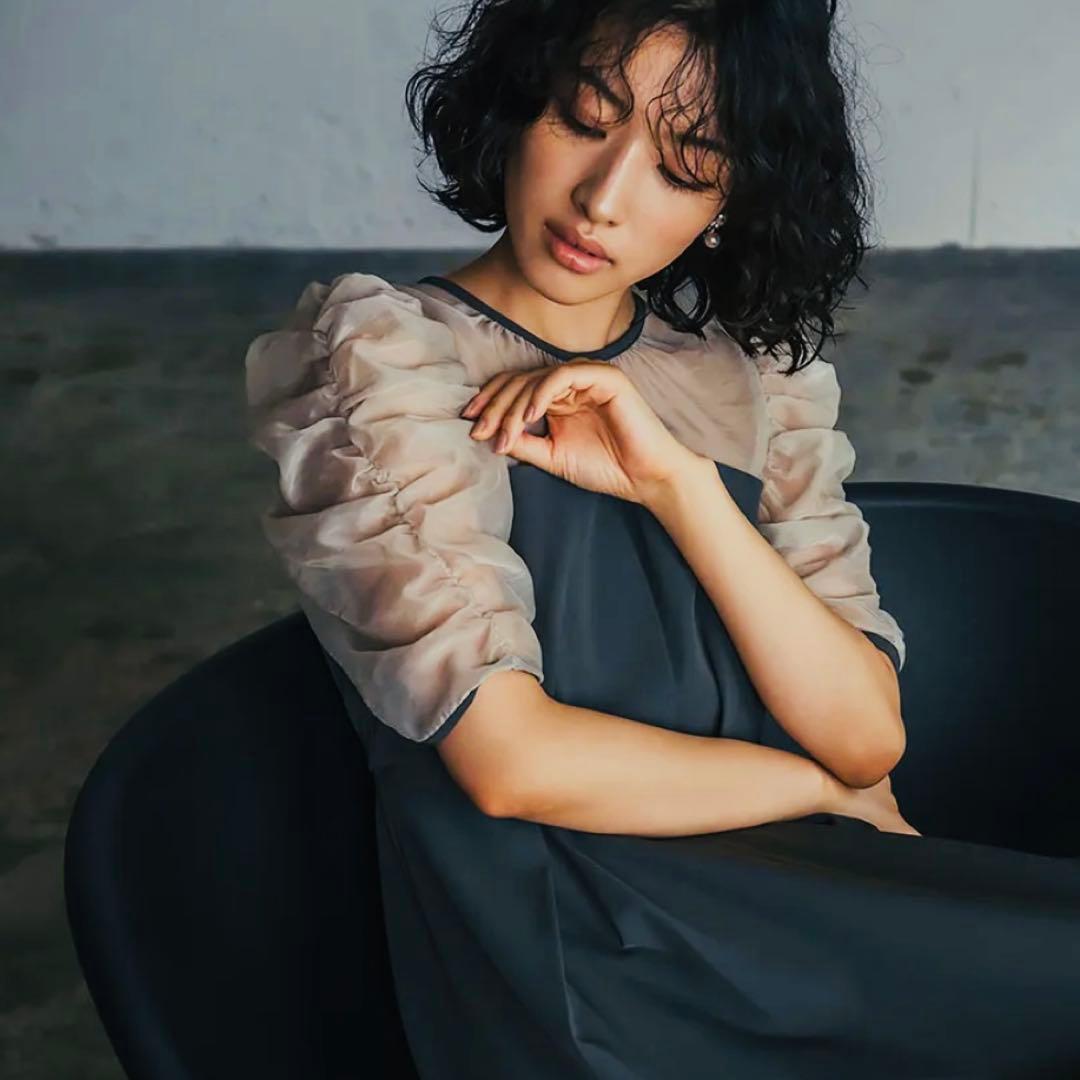 GIRL オーガンジー切替ギャザースリーブ ワンピース L 結婚式 オケージョン