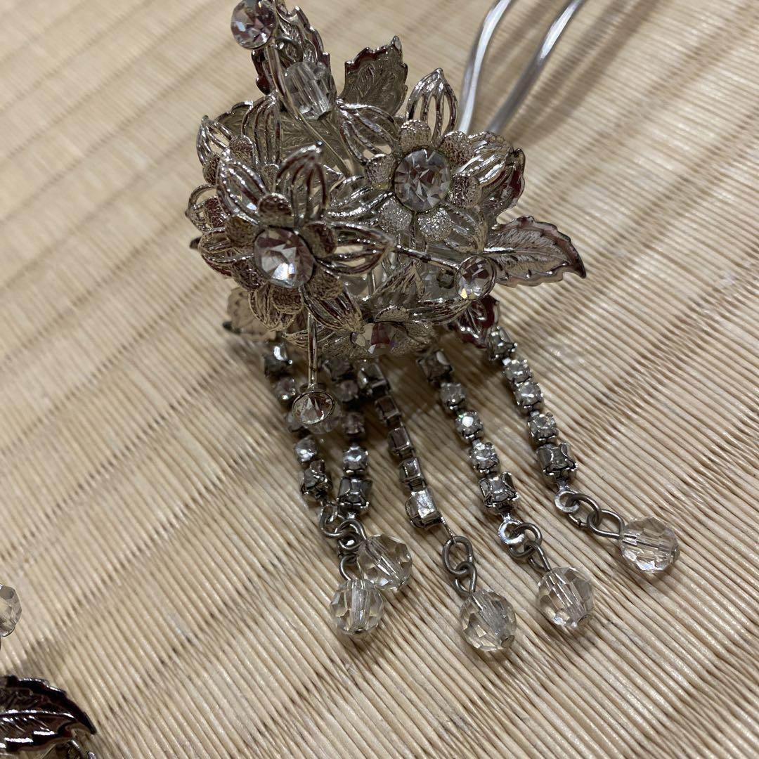 【昭和レトロ】花嫁かんざし　髪飾り　シルバー　ラインストーン　パール　キラキラ