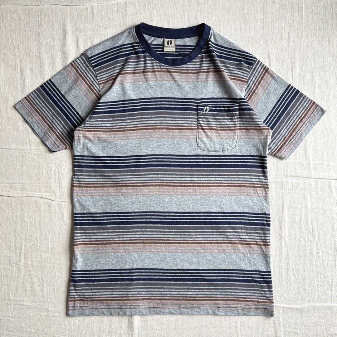 殿堂 希少 HANGTEN マルチボーダー柄 ポケットTシャツ ワンポイント