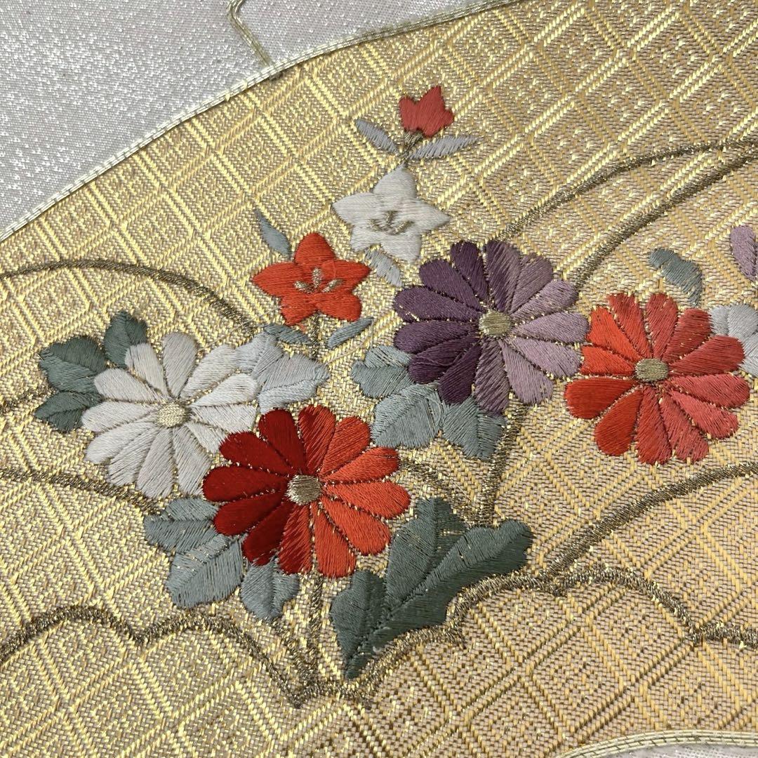 ファッション 名古屋帯 刺繍 扇子に花柄 菱形 素敵なデザイン 九寸 正絹 着物 着物・浴衣