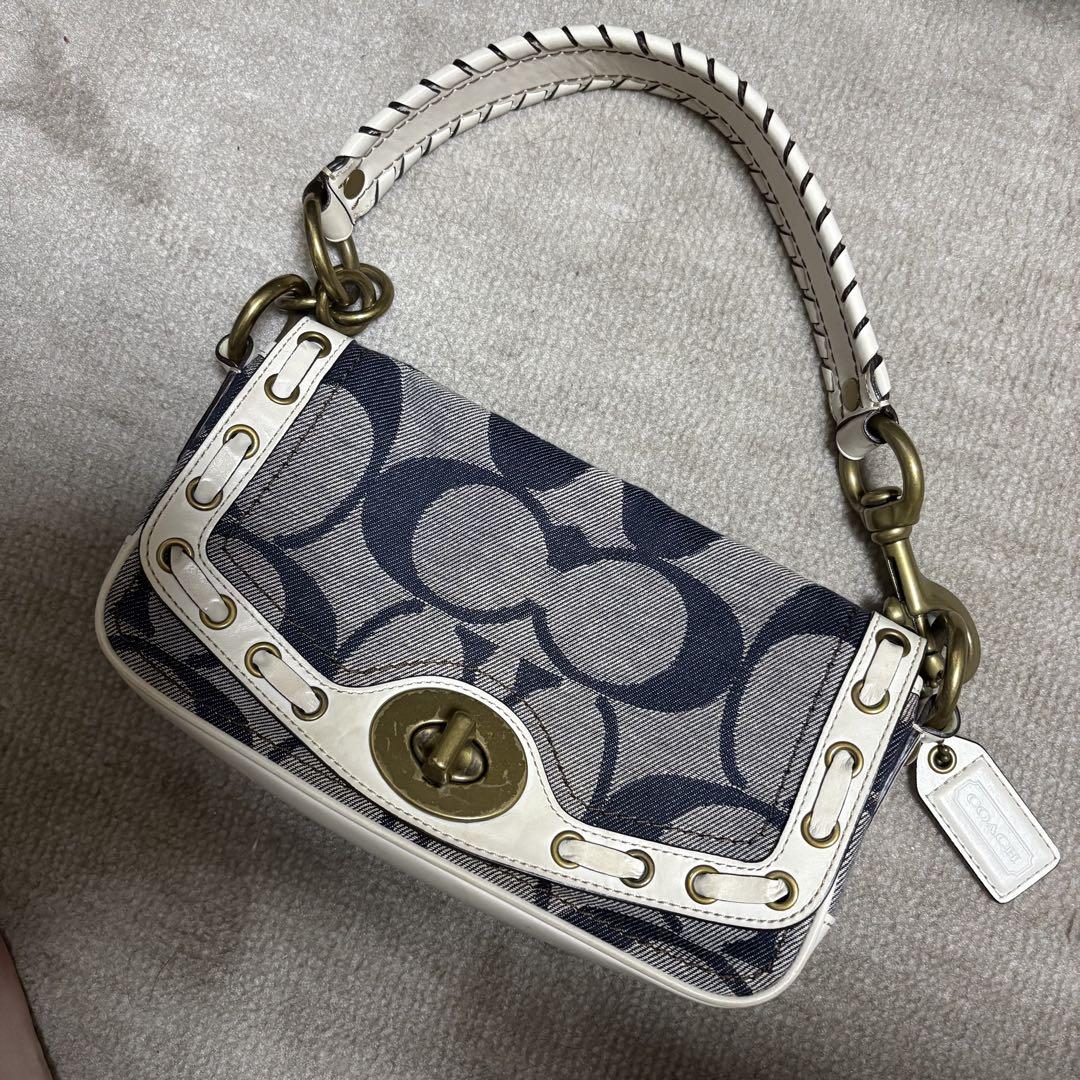COACH ネイビー ホワイト ハンドバッグ - メルカリ