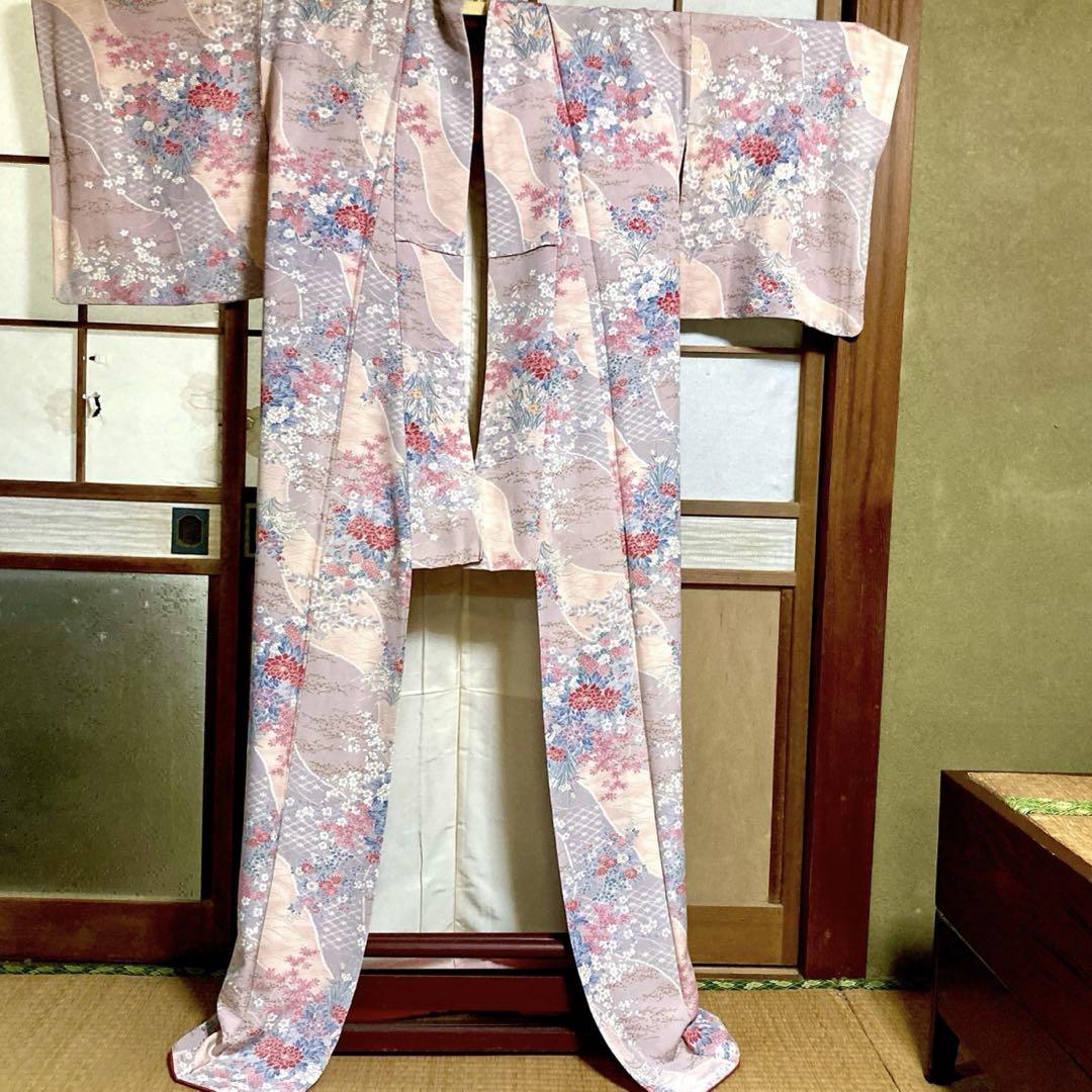 【新品】着物&袋帯　しつけ糸付き　小紋　花柄　正絹　ピンク　華やか　花模様 新品】着物&袋帯 しつけ糸付き 小紋 花柄 正絹 ピンク 華やか 花