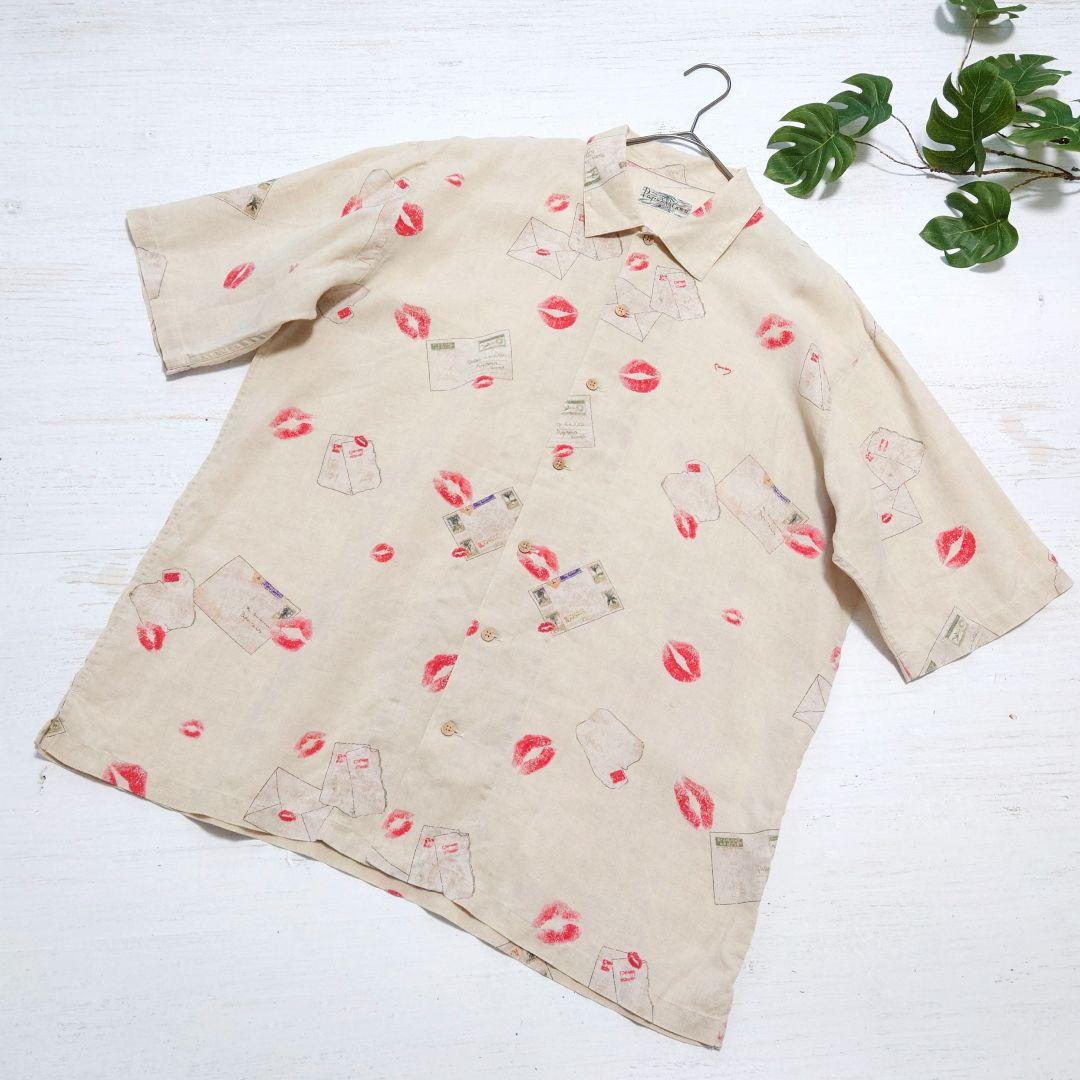 【美品】Papas ISLAND パパス 麻 リネン 総柄 半袖 シャツ L
