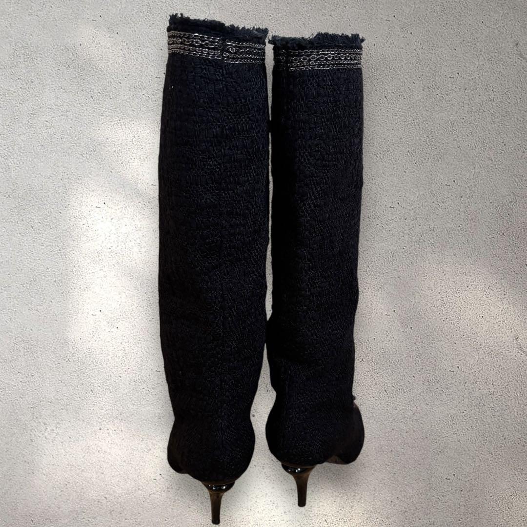 美品 箱袋付き CHANEL ツイード ロングブーツ 35 1/2 ココマーク