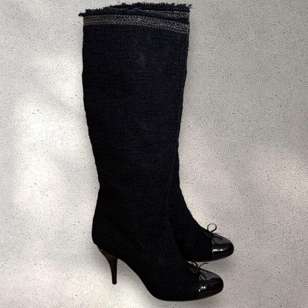 美品 箱袋付き CHANEL ツイード ロングブーツ 35 1/2 ココマーク