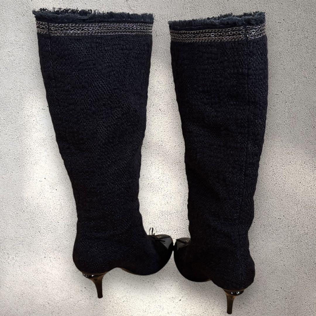 美品 箱袋付き CHANEL ツイード ロングブーツ 35 1/2 ココマーク