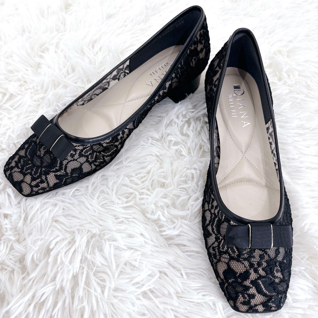 DIANA リボン 花レース ローヒール パンプス 黒 ブラック23.5cm DIANA