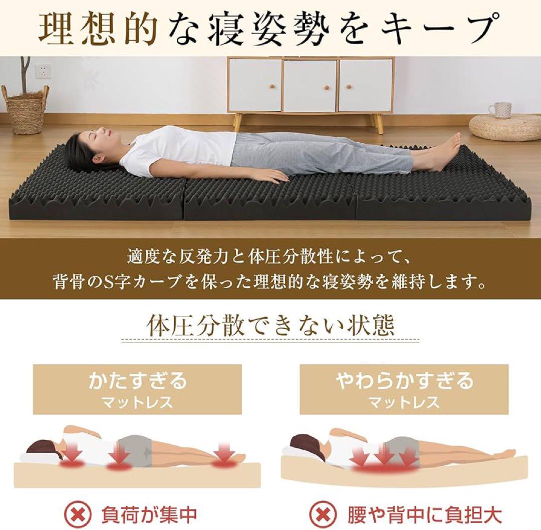 シングル 三つ折り マットレス 硬め190N 厚さ10cm 高反発 ブラック