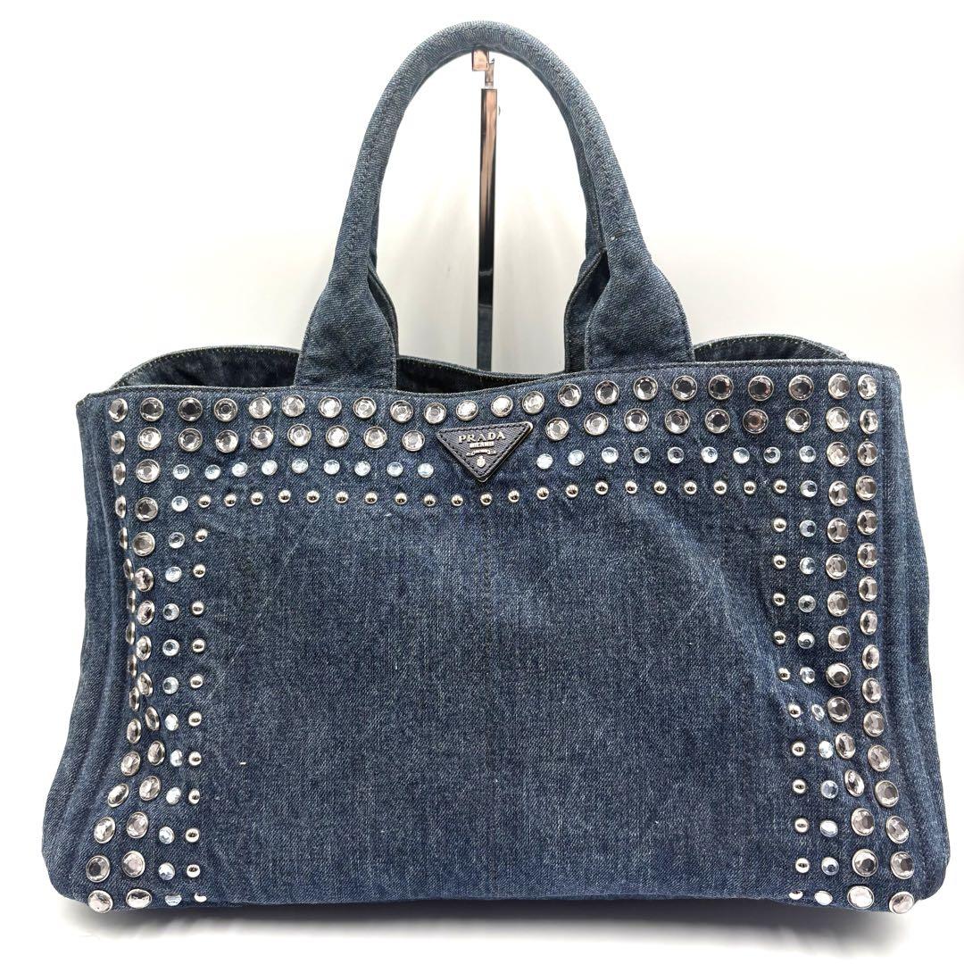 【良品✨】PRADA プラダ　ハンドバッグ　カナパ　ビジュー　スタッズ　デニム