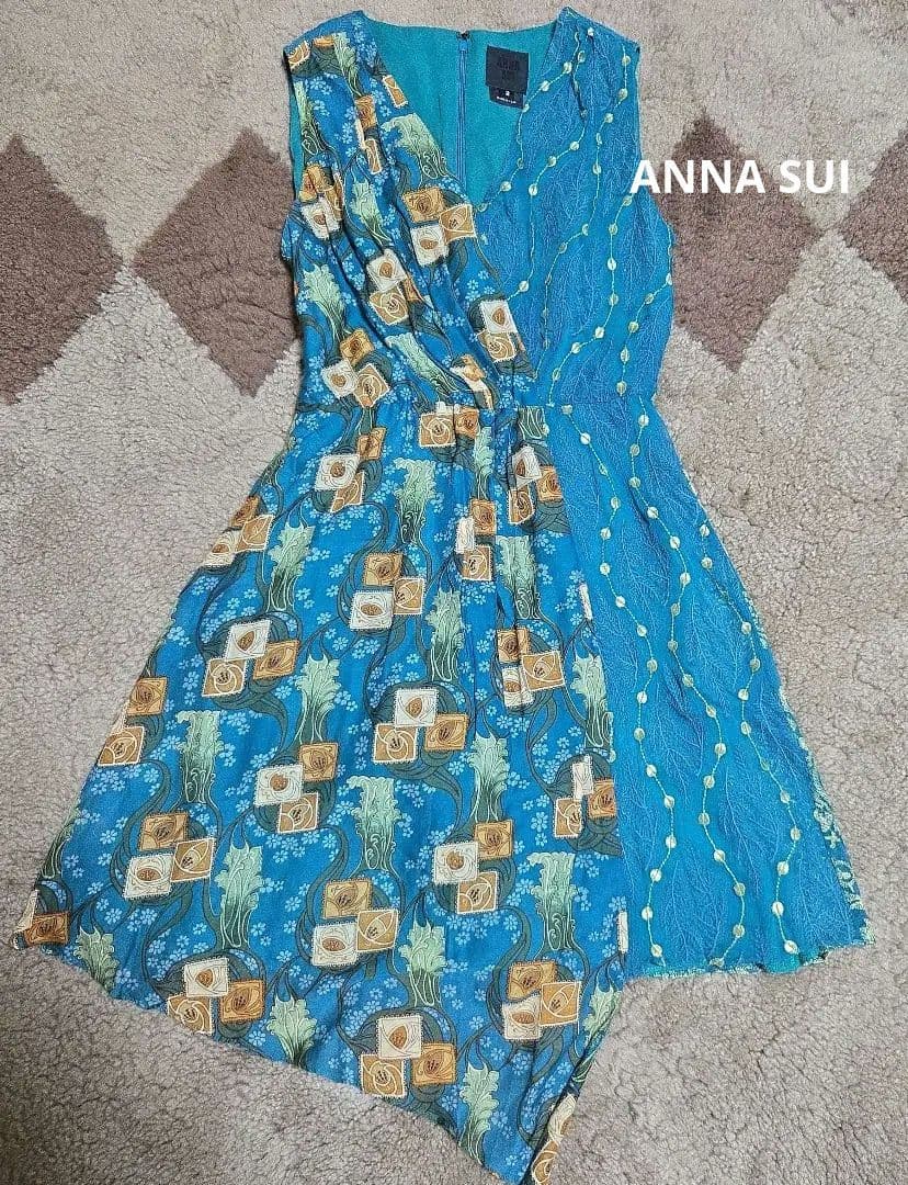 極美品☆アナスイ☆アシンメトリー総柄コットンシルクワンピースUS2青緑