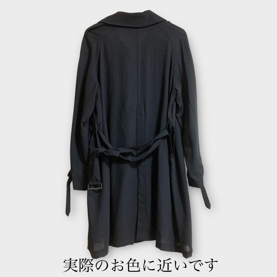 ベルト付きライトロングジャケット 薄手 ウール100 ブラック XS