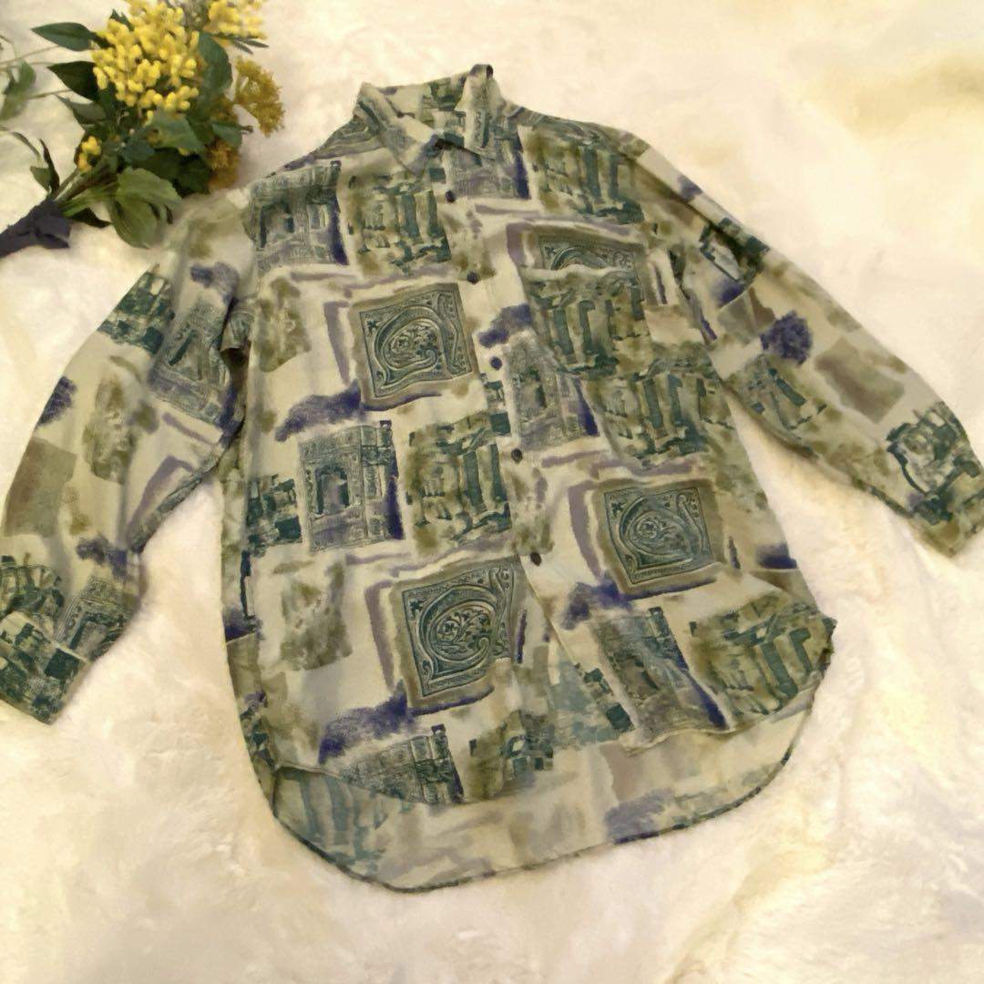 極美品⭐︎メンズ　Ｍ　ヴィンテージ　シルク100％ 総柄 スカーフ柄　グリーン