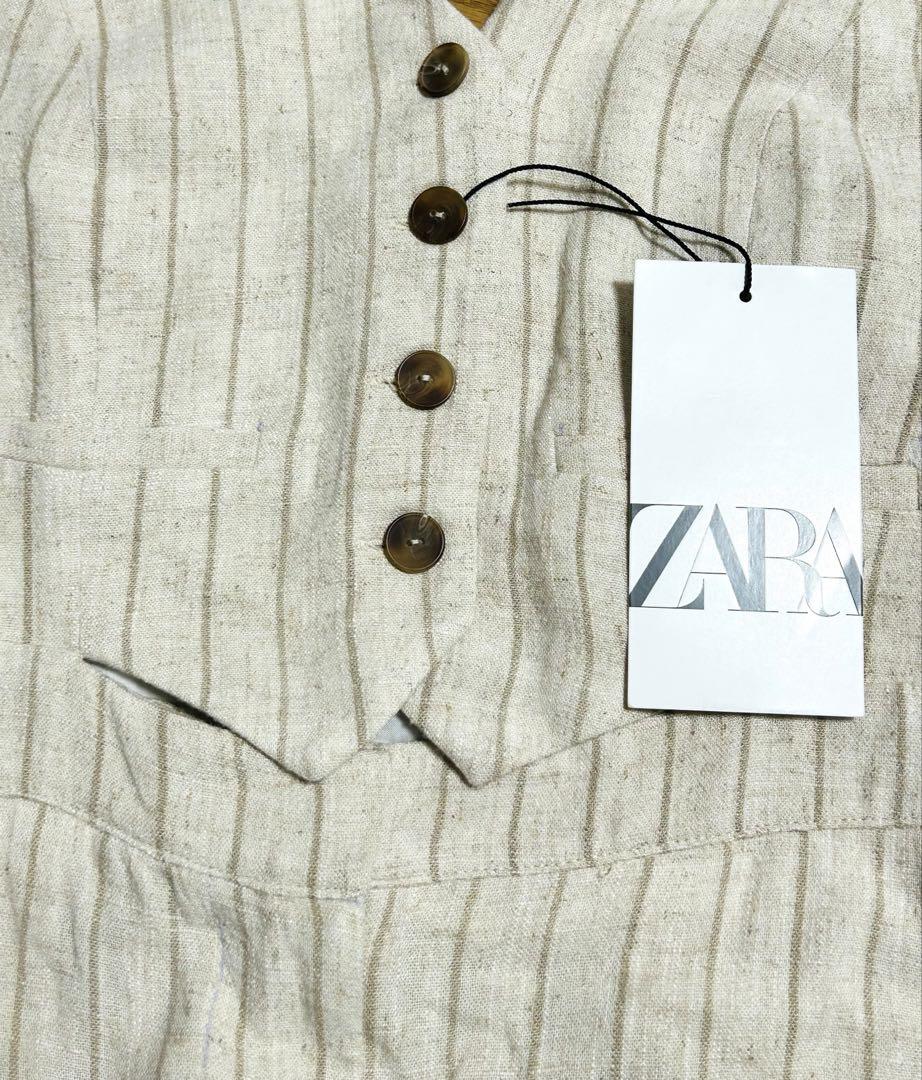 新品 ZARA リネン混 ストライプ柄 ジャンプスーツ S 今季完売品