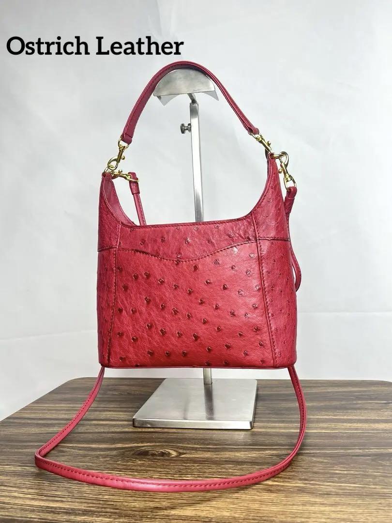 超美品★ オーストリッチ ostrich 本革 ショルダーバッグ 赤 手提げ 鞄