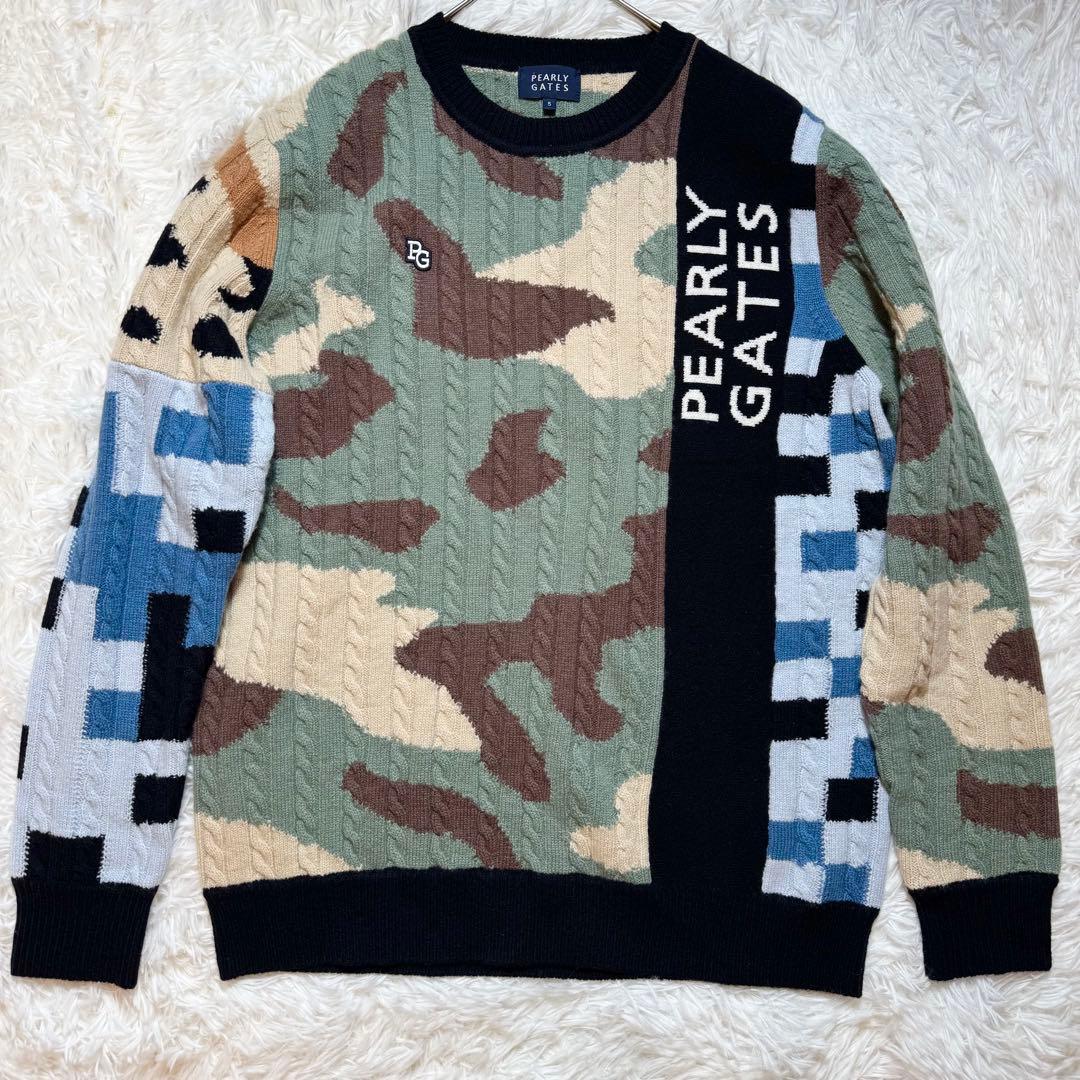 級 パーリーゲイツ マルチカモフラ柄 クルーネックニット 近年 ケーブル編L・PEARLY GATES