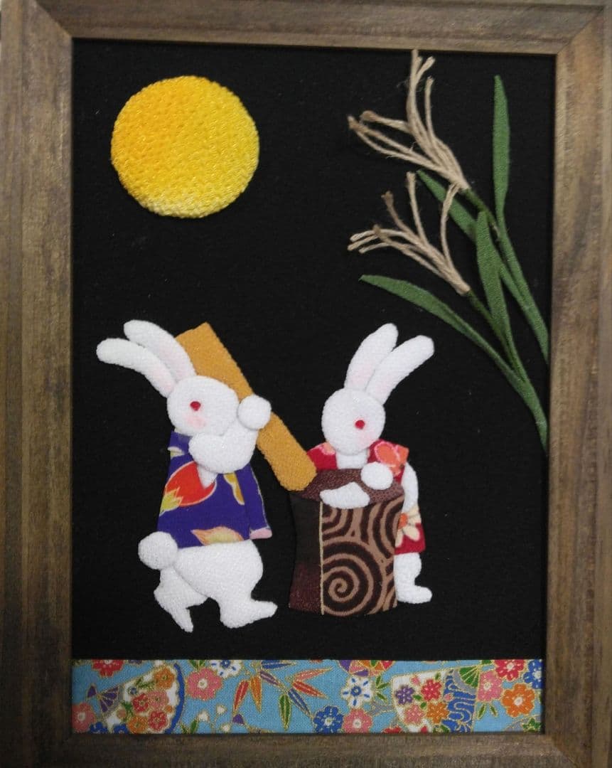 お月見額飾り　和古布　縮緬細工　和小物　ハンドメイド
