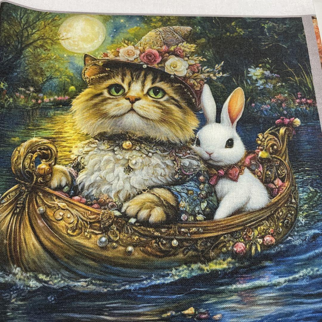 オーダー受付　パネル生地　ビンテージ　レトロ　猫柄　うさぎ柄　ハンカチ　巾着