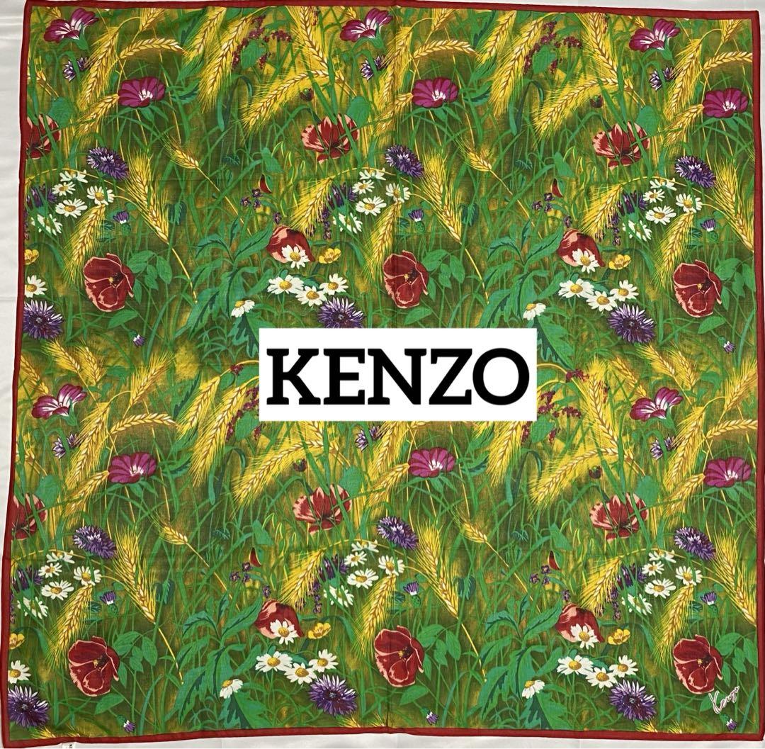 極美品 ★KENZO★ スカーフ 大判ハンカチ ひざ掛け 花柄 グリーン レッド