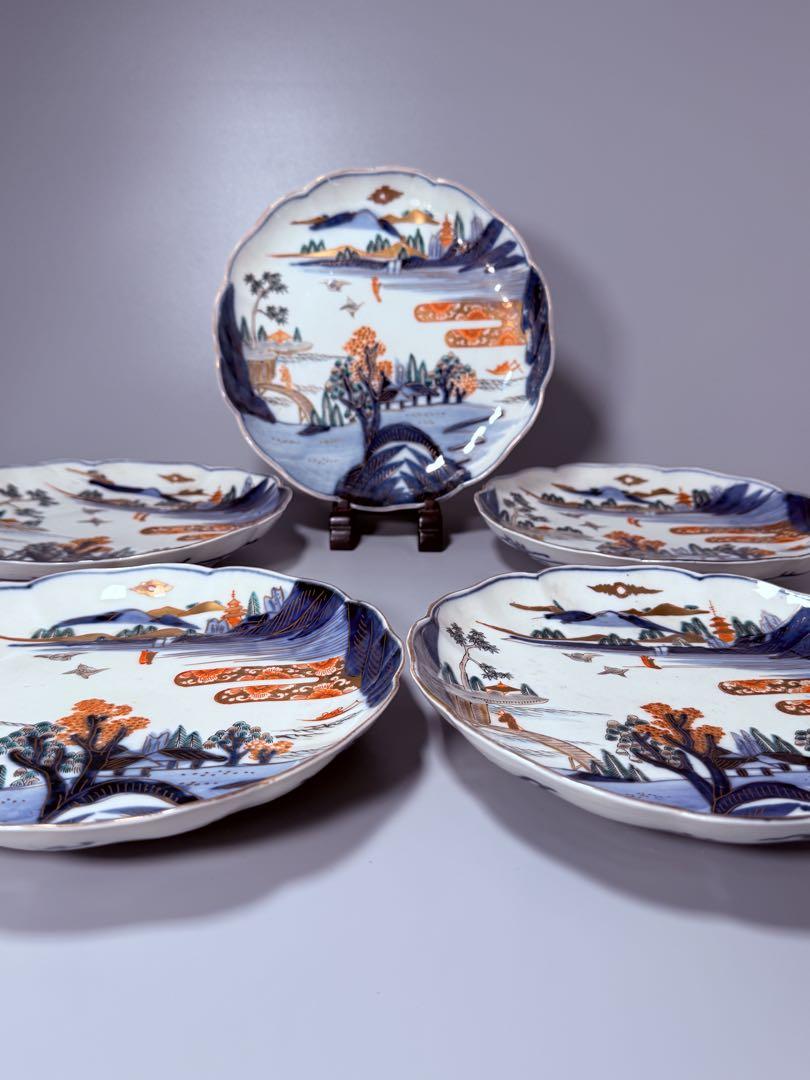 明治～大正期　染錦　輪花七寸皿　風景画　旧家特注品　直径21㎝　赤絵　金襴手