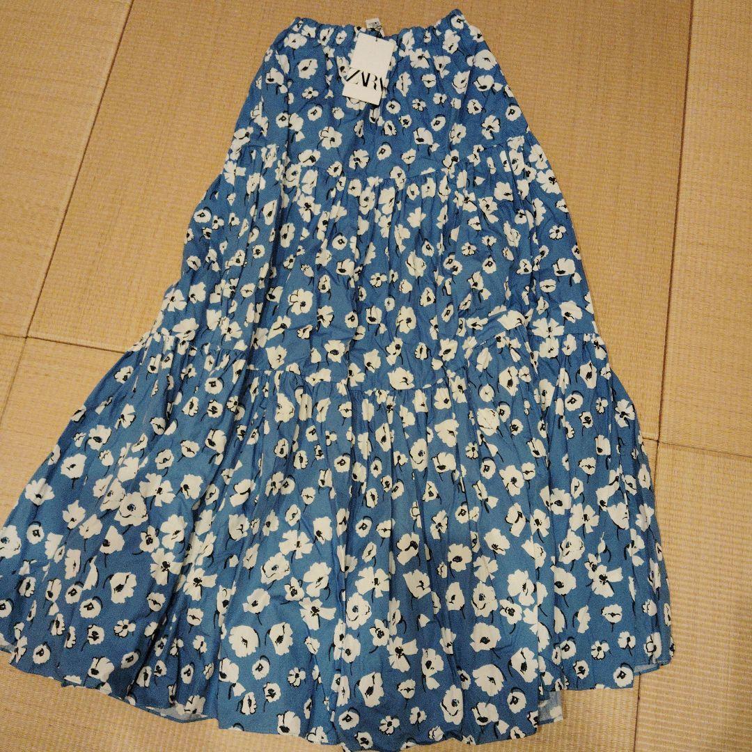 ZARA 青色花柄 フレアスカート XS-S