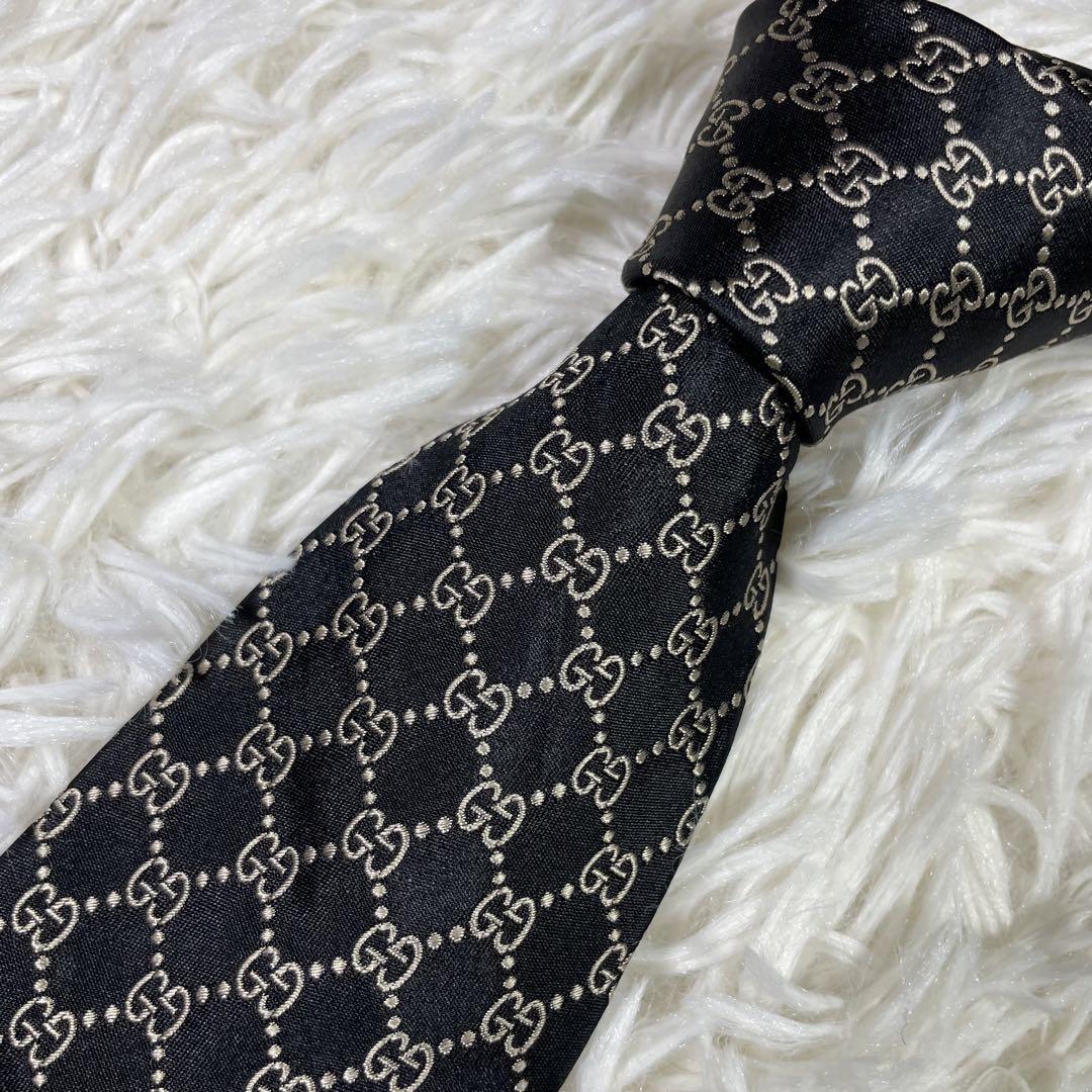 グッチ GUCCI ネクタイ GG シマ ブラック 黒 グレー 総柄 美品