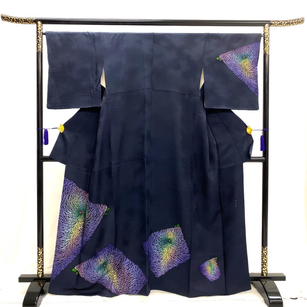8507 袷 作家物 紺色 153.5~163.5cm miaGw-m80760120337 着物 付け下げ 正絹 高品質定番