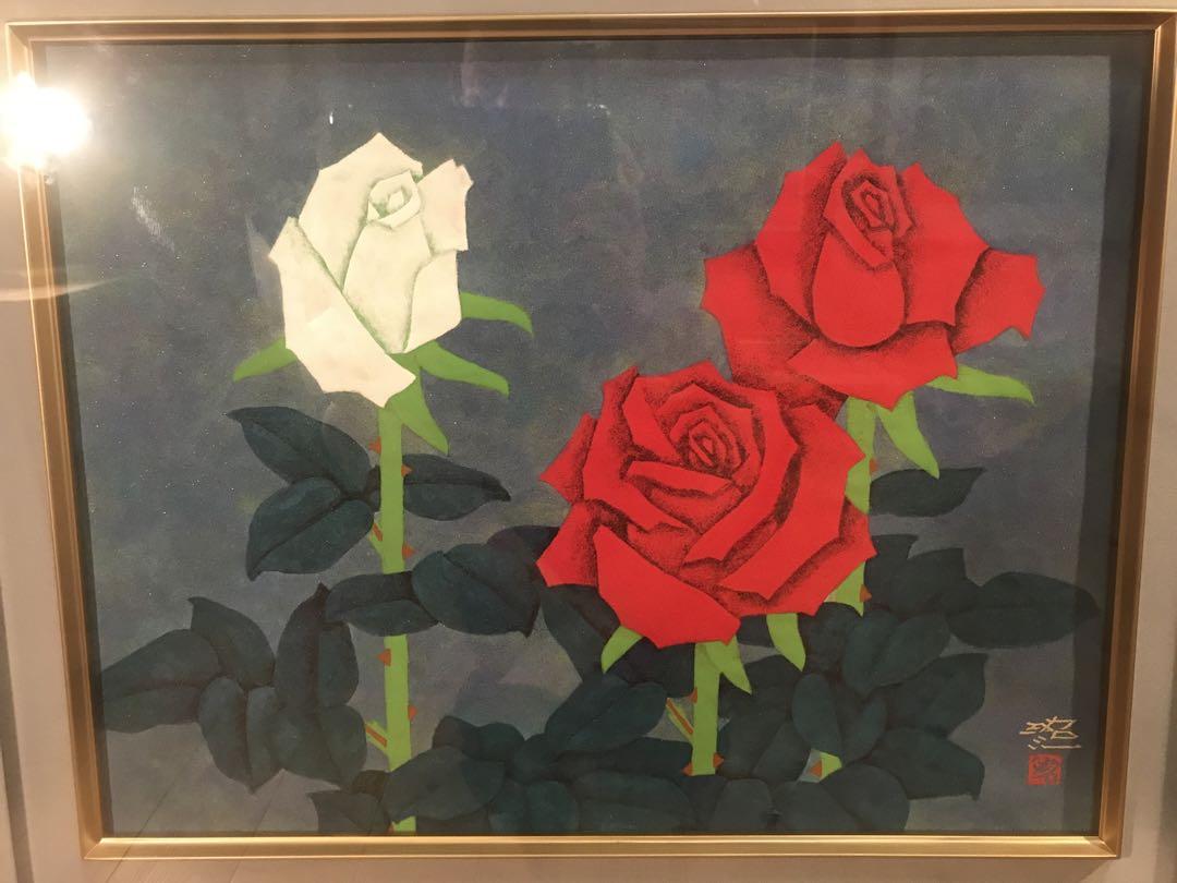 割引価格 佐藤昭三 「紅白薔薇」 直筆サイン・落款有り 日本画10号 絵画
