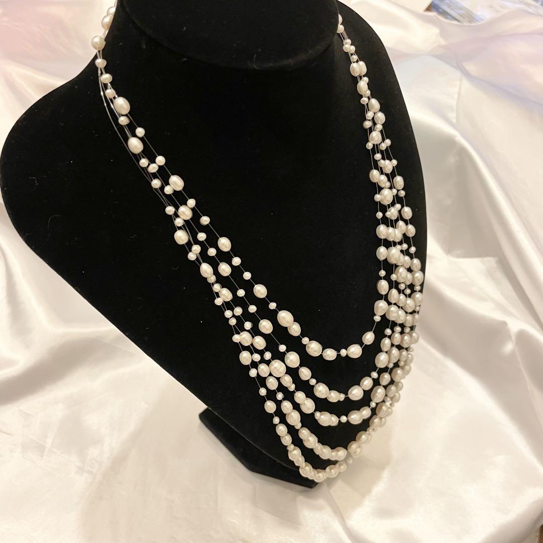 美品★照り艶良品★リアルパール　5連パールネックレス　オーバル SV刻印