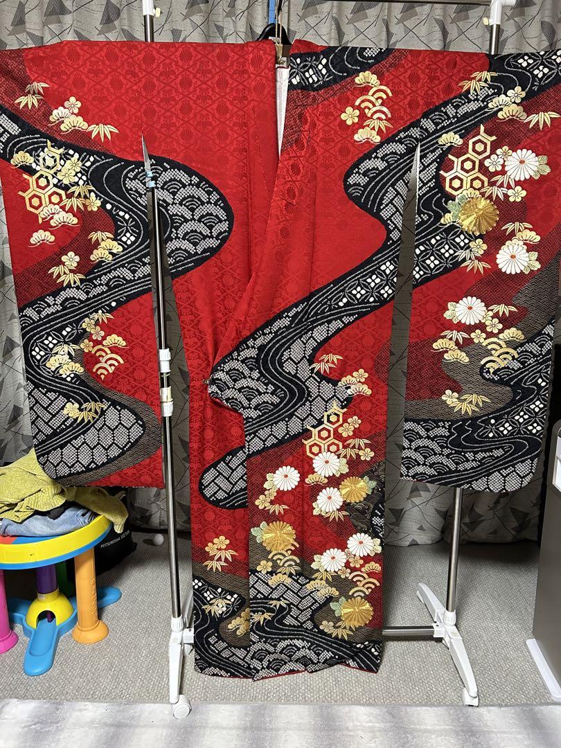 赤い振袖 花柄 波模様 成人式 お正月 結婚式 黒 赤 身丈164cm