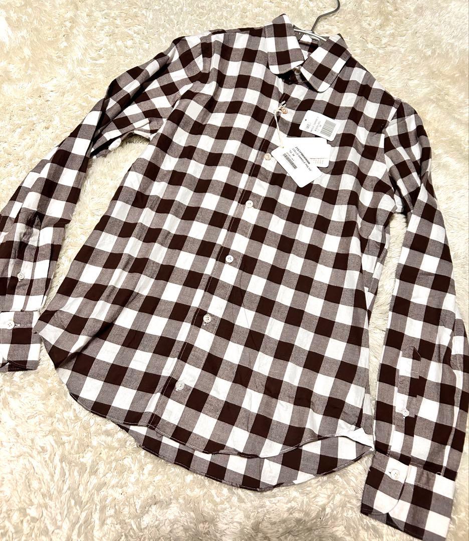 フィナモレ ギンガムチェック ラウンド シャツ ブラウン 38M・FINAMORE