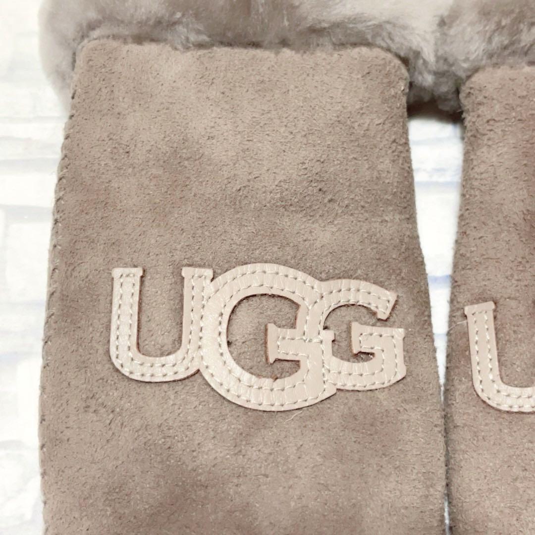 極美品 UGG 手袋 ブラウン シープスキン 羊革 へリテージ ロゴ S/M