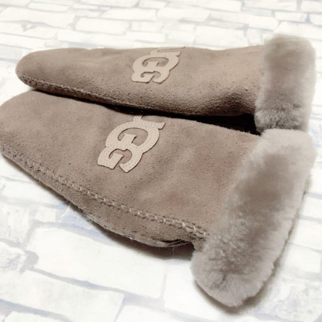 極美品 UGG 手袋 ブラウン シープスキン 羊革 へリテージ ロゴ S/M
