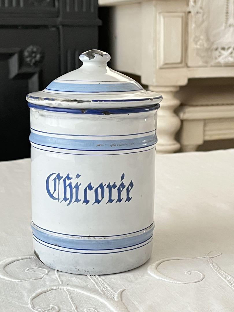 【美品】フランスアンティーク 琺瑯製 Chicoréeキャニスター[3184]