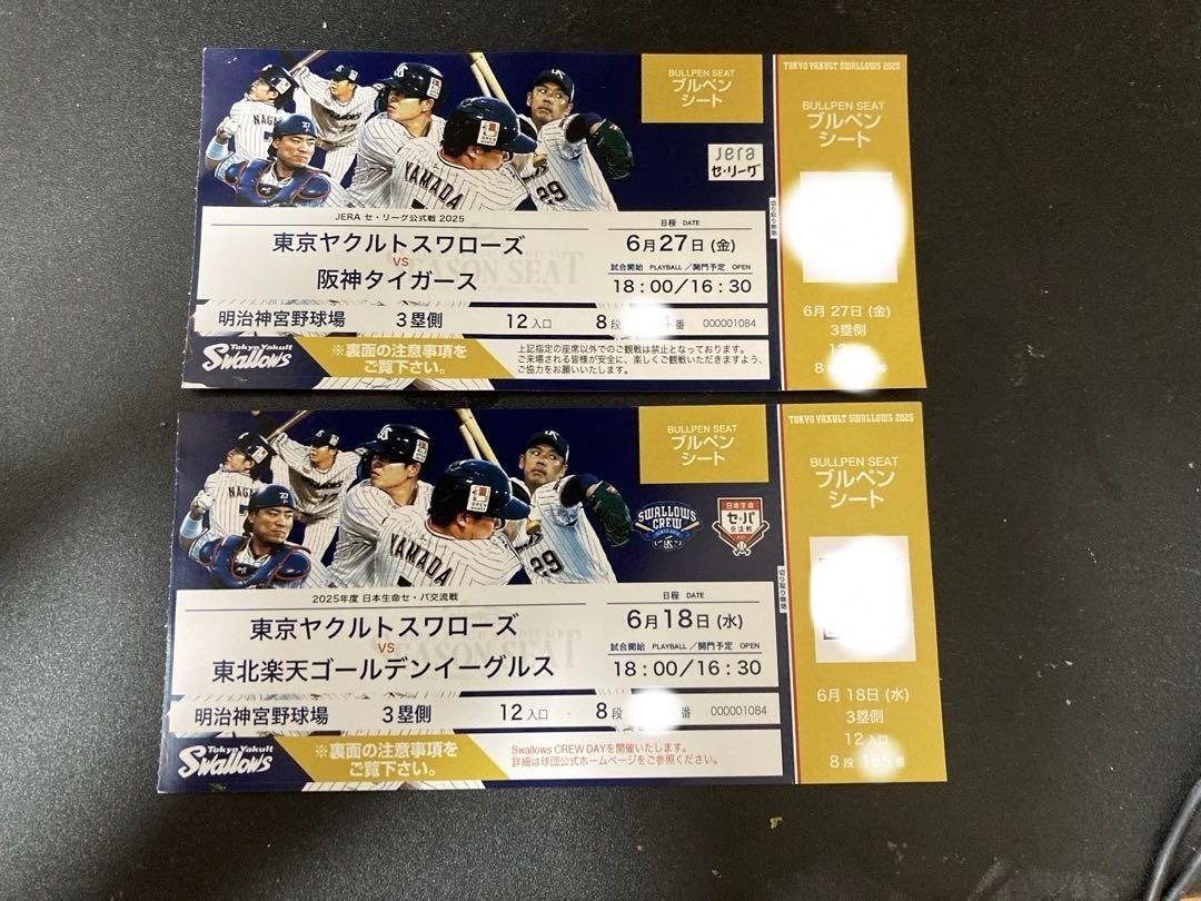 プロ野球チケット／6月27日金／ヤクルトvs阪神／神宮球場／3塁側ブルペンシート