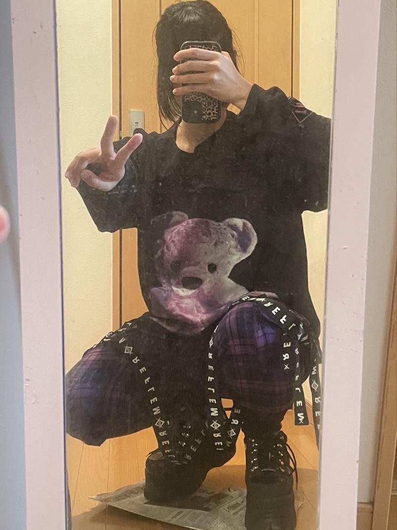 REFLEM 紫と黒のチェック柄 サスペンダー付きワークパンツ