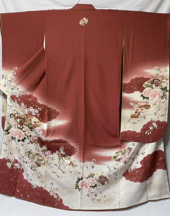 20374 振袖 赤 やまと誂製 牡丹 桜 扇子 正絹