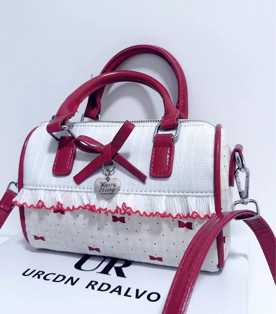 リボン付きホワイトレッドショルダーバッグ