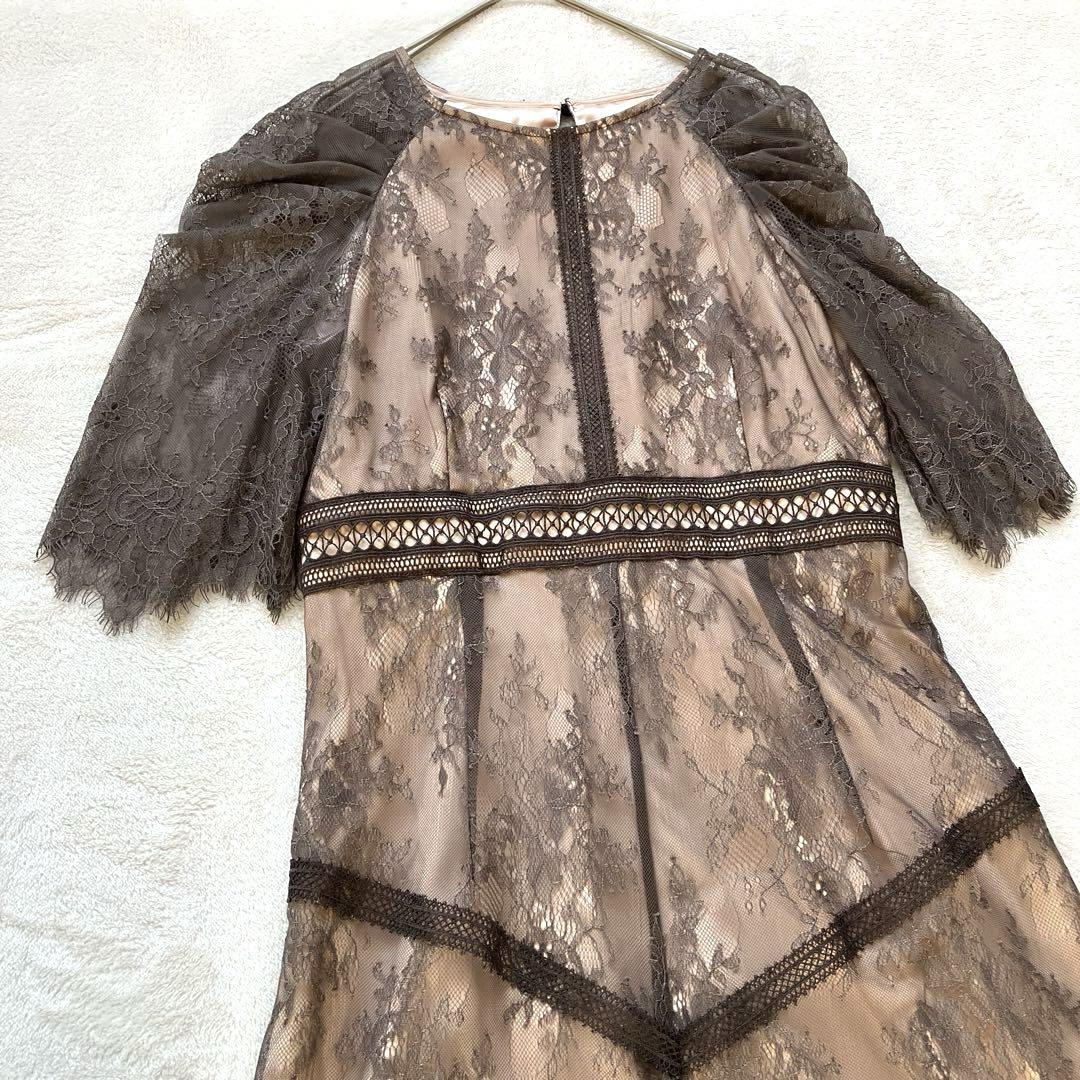 【美品】ラッセルレースAライン　ロングワンピース　ドレス　結婚式　モカ　M