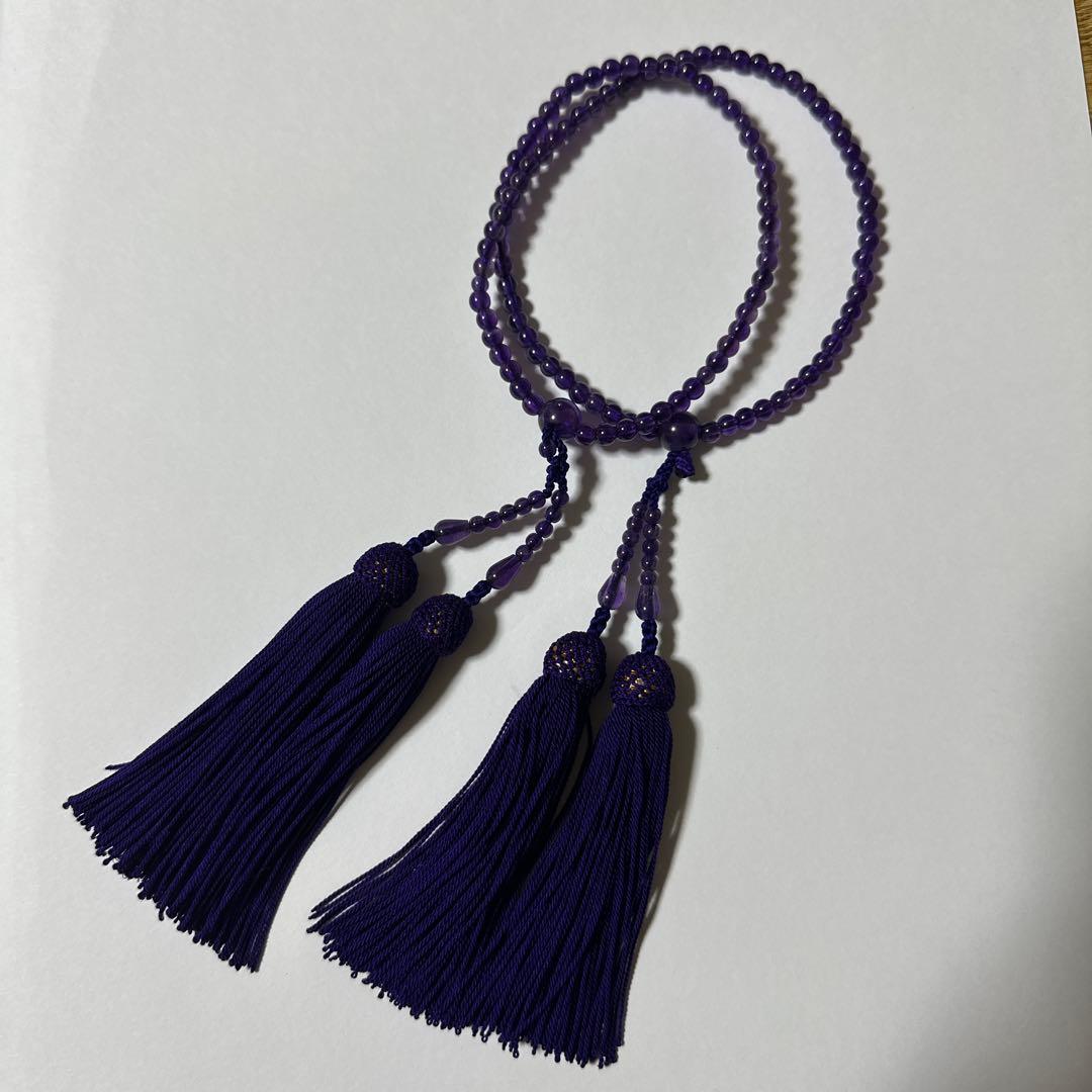 念珠 数珠 本連 女性用 天然石紫水晶 アメジスト 2連本式108連 正絹頭付房