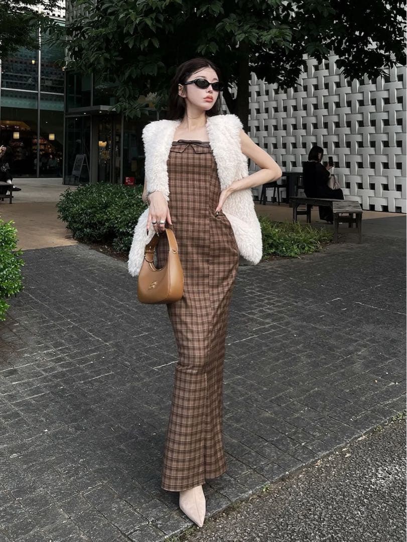 ダーリッチ レザーリボンチェックロングワンピース プードルファーベスト ダーリッチ レザーリボンチェックロングワンピース プードルファーベスト