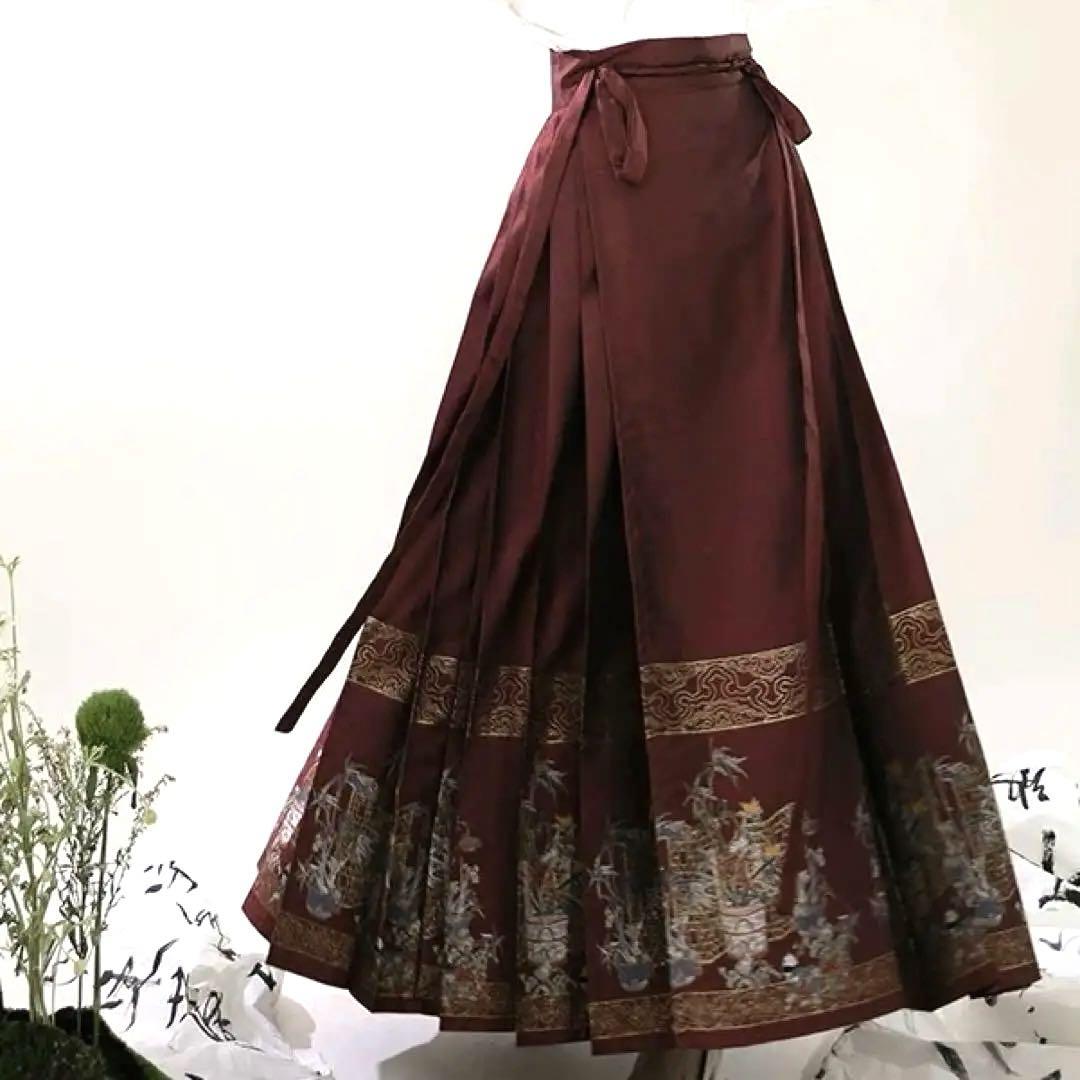 四君子 織錦馬面裙 赤金色ロングスカート　明製漢服　西陣織　成人式　着物和服浴衣