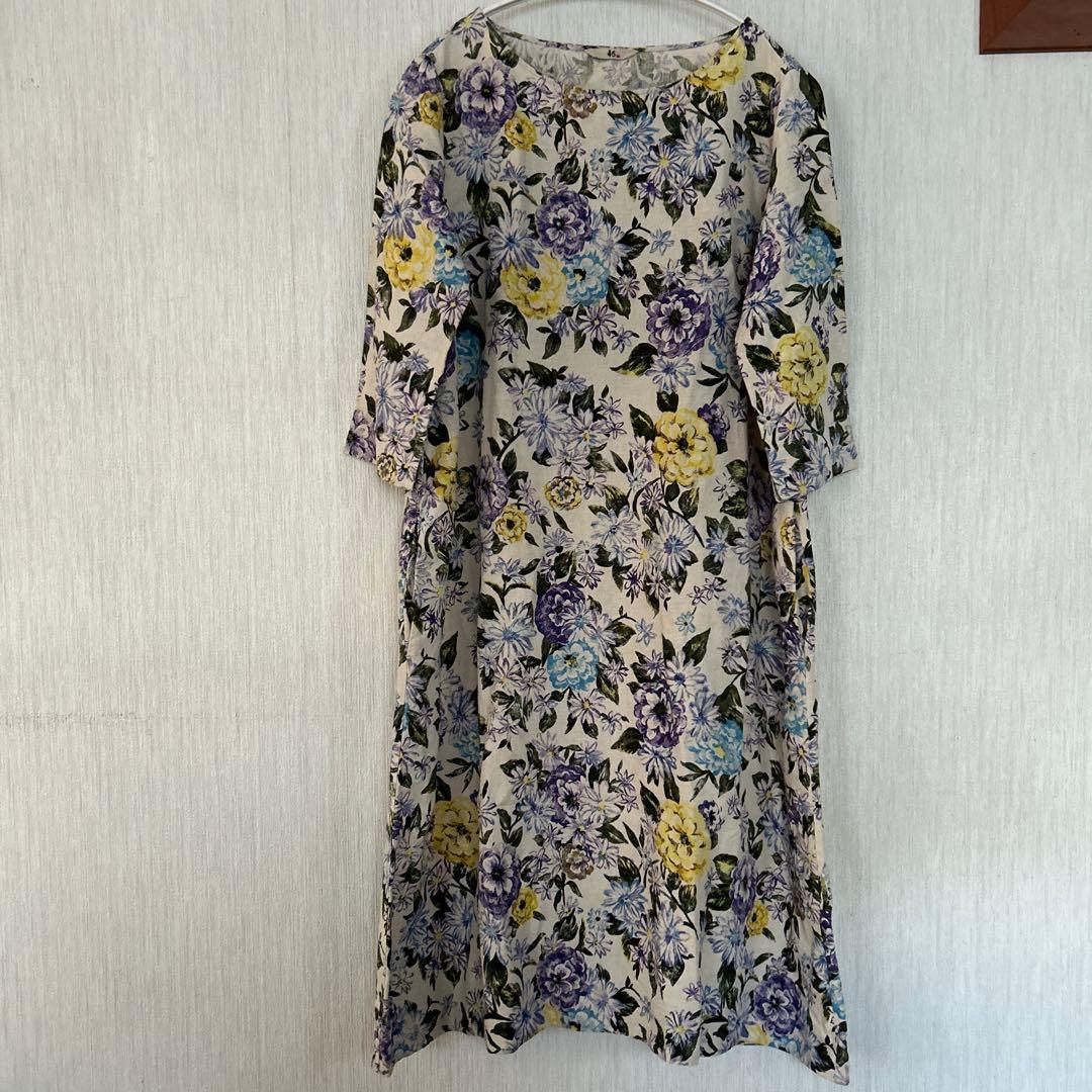 45R フラワープリントのリネンワンピース