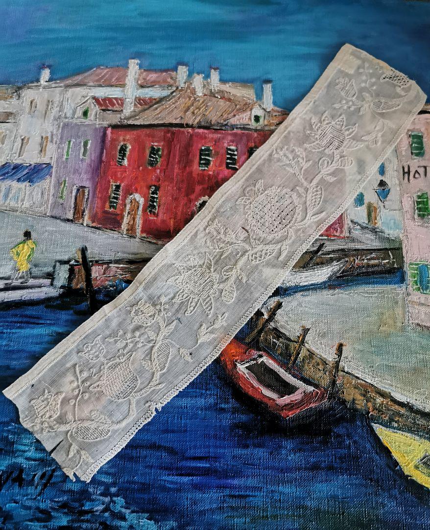 アンティークイタリー ブラーノレース 向日葵刺繍 ハリのある上質リネン 美術館級