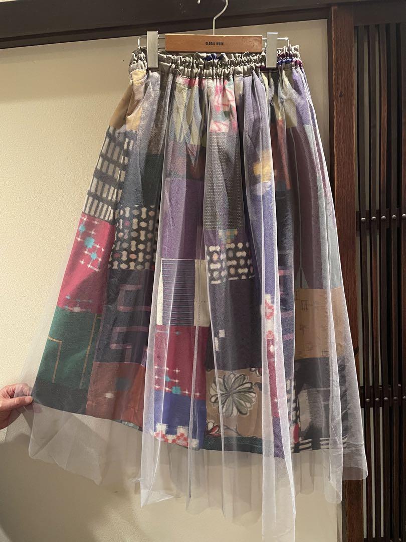 銘仙　着物リメイク　カラフルパッチワークチュールスカート