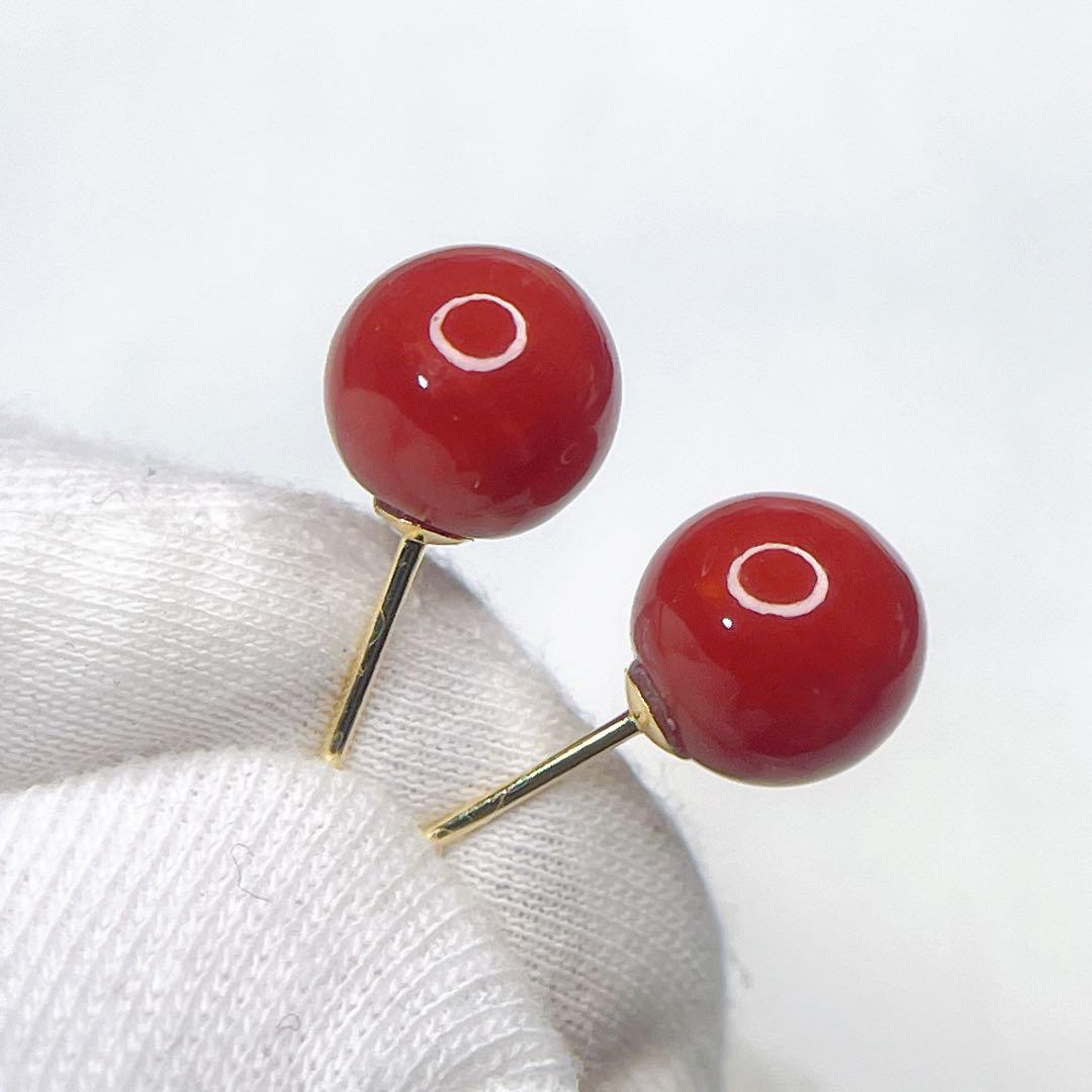 K18YG 赤珊瑚 スタッドピアス 8-8.5mm アクセサリー