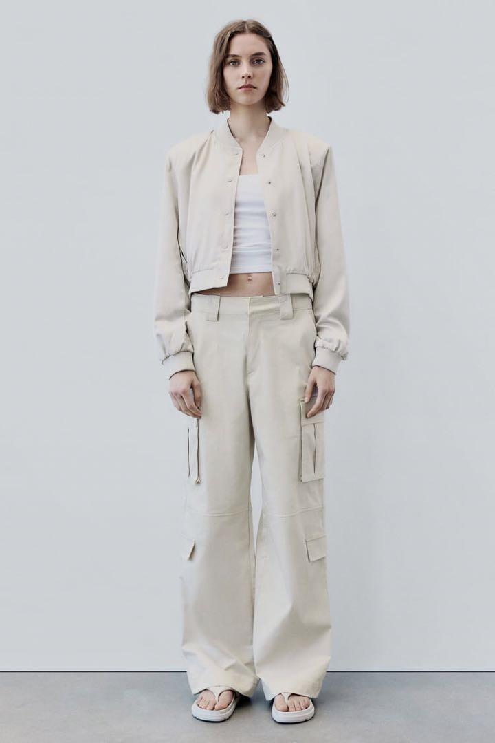 ZARA サテン カーゴパンツ オフホワイト サンド S