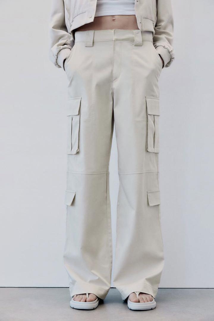 ZARA サテン カーゴパンツ オフホワイト サンド S