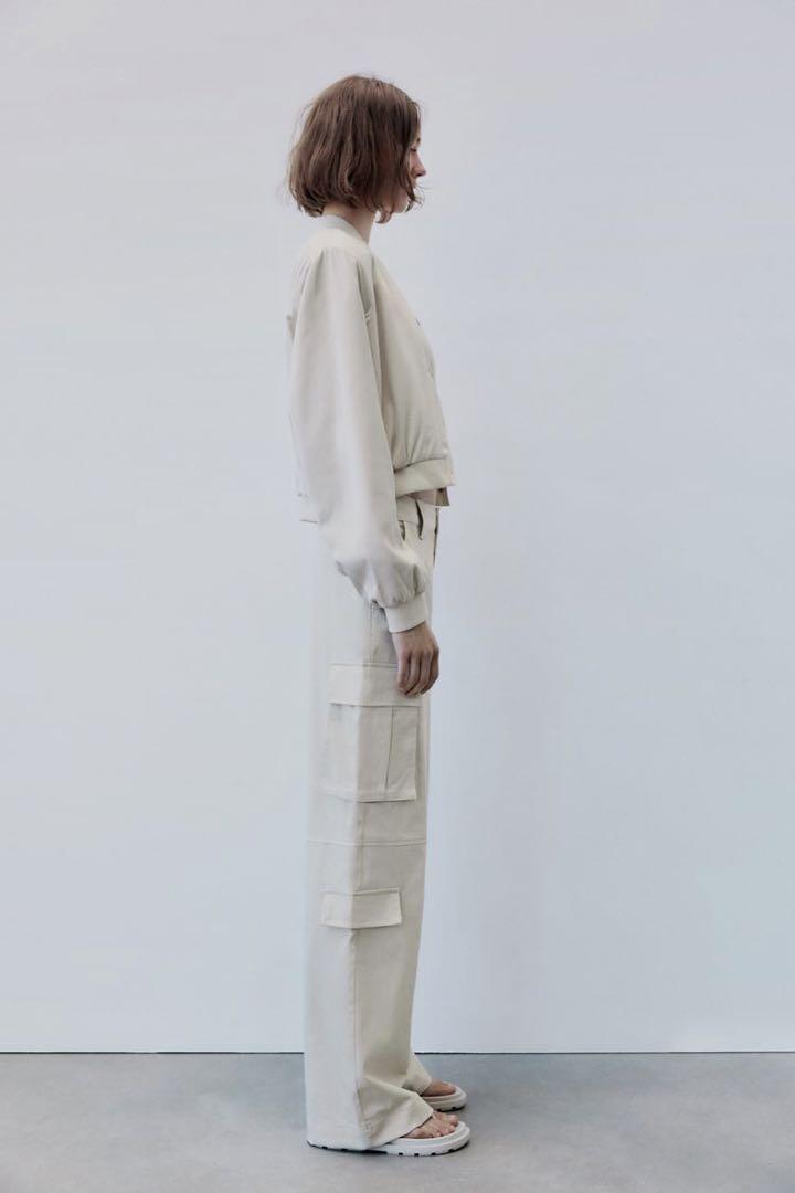 ZARA サテン カーゴパンツ オフホワイト サンド S